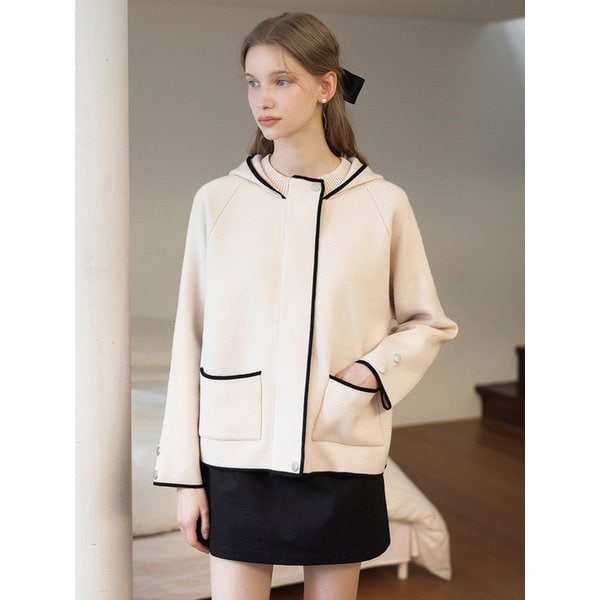 버튼 후드 라인 배색 트리밍 아우터 니트 가디건_4color