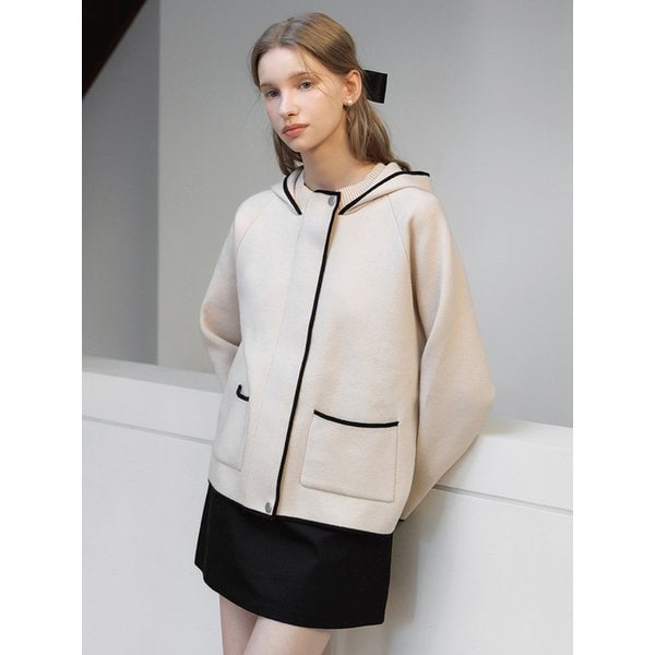 버튼 후드 라인 배색 트리밍 아우터 니트 가디건_4color