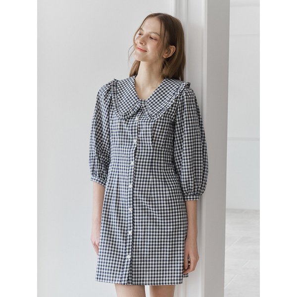 [리퍼브]LACE COLLAR PUFF SLEEVES ONEPIECE_NAVY