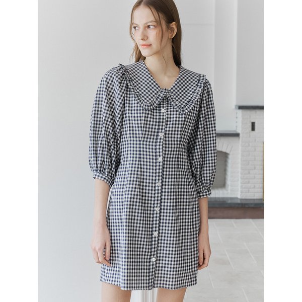 [리퍼브]LACE COLLAR PUFF SLEEVES ONEPIECE_NAVY