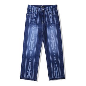 navajo pattern cut off denim pants indigo blue