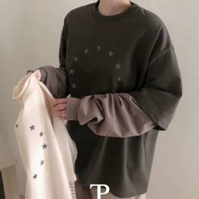 / 래빈 오버핏  별 프린팅 단가라 레이어드 긴팔티