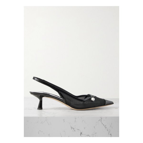 아미타 인조 진주 장식 가죽 트리밍 메시 슬링백 펌프스 45mm 블랙 1647597360468469