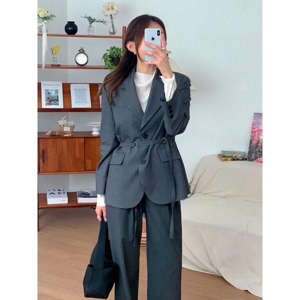 Wool Blend Overfit Belted Point Jacket Grey AT5JAF038GE