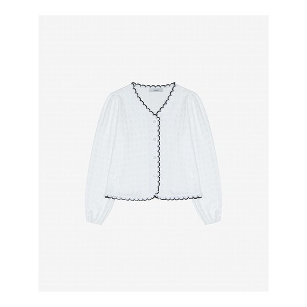 프릴 배색 브이넥 블라우스 (VMBAC2415)