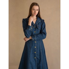 WED Indigo flat lapel denim flare long dress