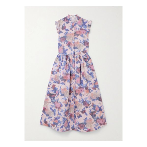러플 개더 플로럴 프린트 코튼 포플린 미디 드레스 핑크 46376663162865460