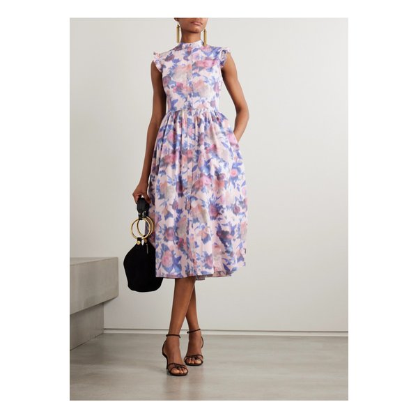 러플 개더 플로럴 프린트 코튼 포플린 미디 드레스 핑크 46376663162865460