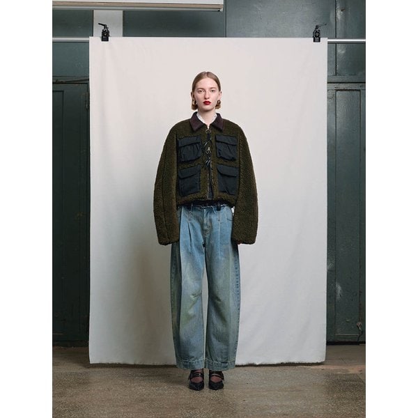 KHAKI DOLMAN SLEEVE 5-POCKET SHEARLING JUMPER