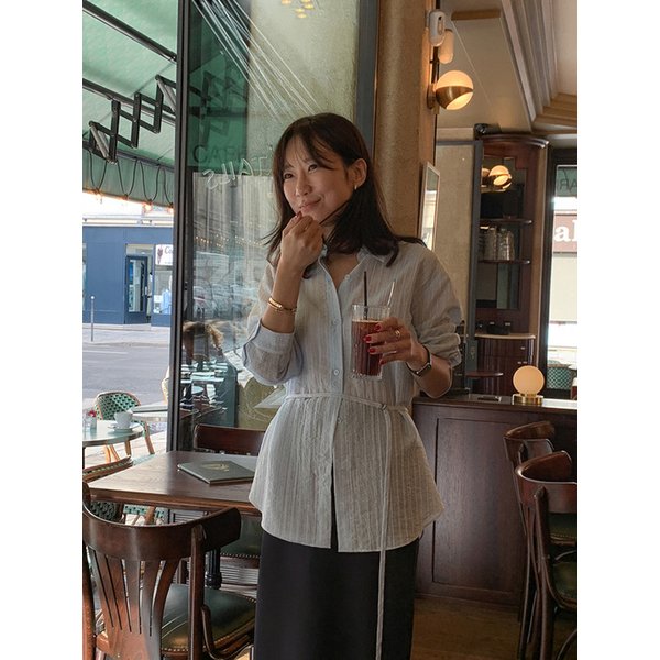 시어 벨티드 롱 셔츠블라우스_SKY BLUE