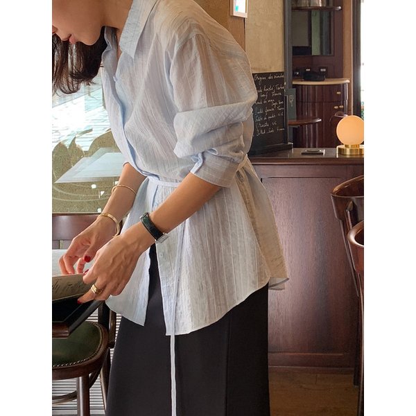 시어 벨티드 롱 셔츠블라우스_SKY BLUE