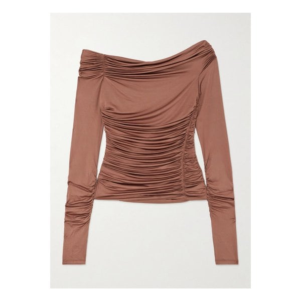헬무트랭 원숄더 주름 스트레치 새틴 저지 탑 탠 브라운 1647597326081260