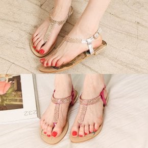 여성 2컬러 큐빅 스트랩샌들 여자 쪼리 화려한 T스트랩 보석 샌달_P356105642