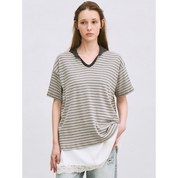 striped polo-collar T-shirt (grey)