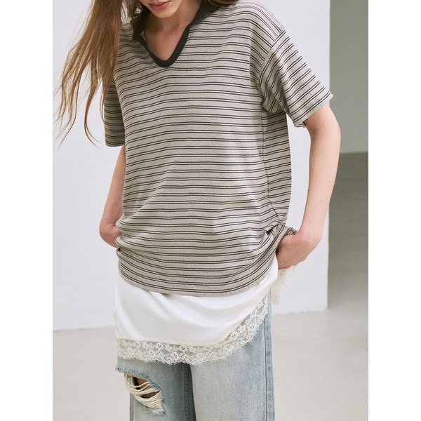 striped polo-collar T-shirt (grey)
