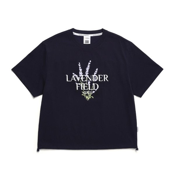 [여주점] N242WTS030 여성 우븐 배색 아트웤 세미 크롭 반팔 티셔츠 네이비