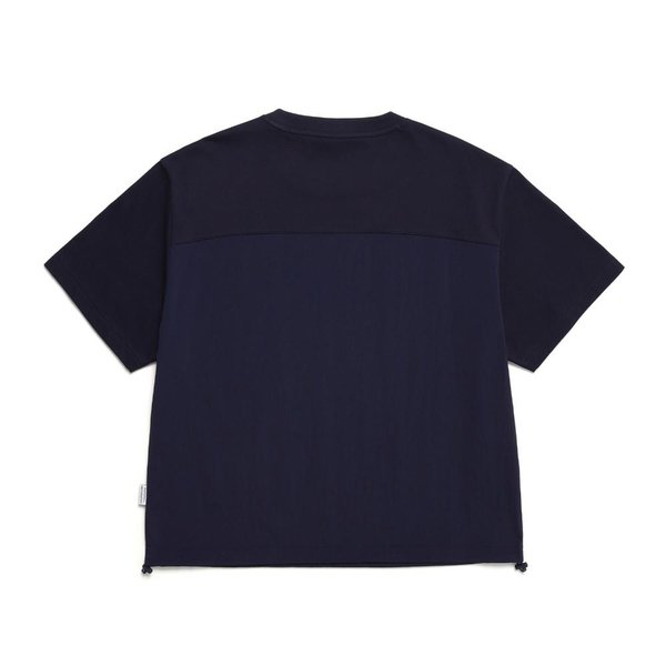 [여주점] N242WTS030 여성 우븐 배색 아트웤 세미 크롭 반팔 티셔츠 네이비