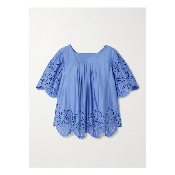 티에리 콜슨 스칼레타 플리츠 브로드리 앙글레즈 코튼 포플린 블라우스 블루 46376663162927985