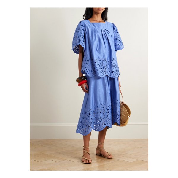 티에리 콜슨 스칼레타 플리츠 브로드리 앙글레즈 코튼 포플린 블라우스 블루 46376663162927985