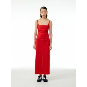 Square neck strap back smocking dress (Red)