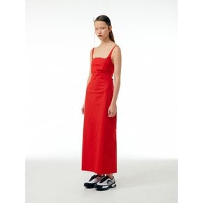 Square neck strap back smocking dress (Red)