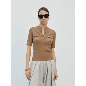 Button Henley Neck Knit Top Camel