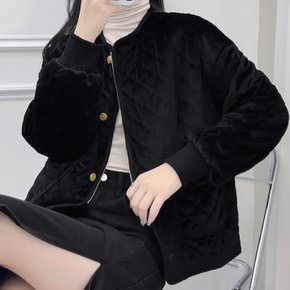 여성 가을 블랙 디자인 마름모 벨벳 숏 코튼 코트
