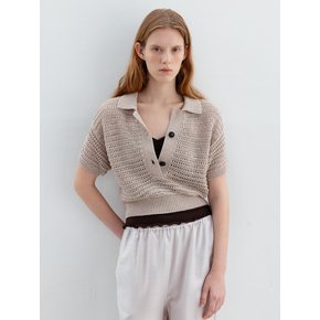 LINEN BLEND CROPPED NET SEAMLESS KNIT TOP