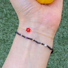 PRB013+PRB014(2SET) FLOWER BEAD BRACELET+BLACK SPINEL BRACELET