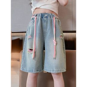 더블스트링버뮤다팬츠 초등생 청반바지 여아 데님바지 스트랩 유아동 키즈_P376189340