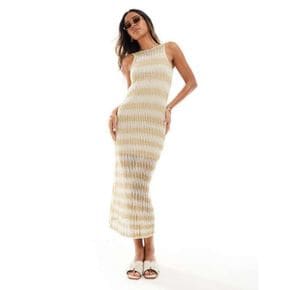 5093868 PullBear knitted crochet maxi dress in ecru stripe