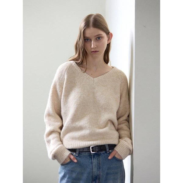 헤어리 울 블렌드 브이넥 니트 - 아이보리