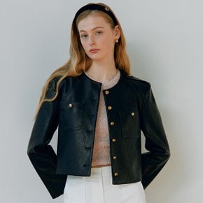 GOLD BUTTON LEATHER SHORT JACKET BLACK