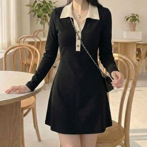 배색 카라 버튼 블랙 미니원피스 DA 1006597_P417778967