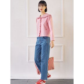 Big Collar Frill Blouse-Red Stripe