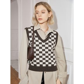 Checkerboard v-neck knit vest_WHITE