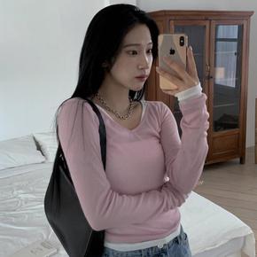 여자 파스텔 슬림핏 시스루 롱슬리브 브이넥 티셔츠