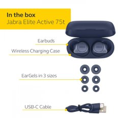 Jabra Elite Active 75t IP57 Bluetooth 5.0 완전 무선 이어폰 액티브 노이즈 캔슬링 네이비