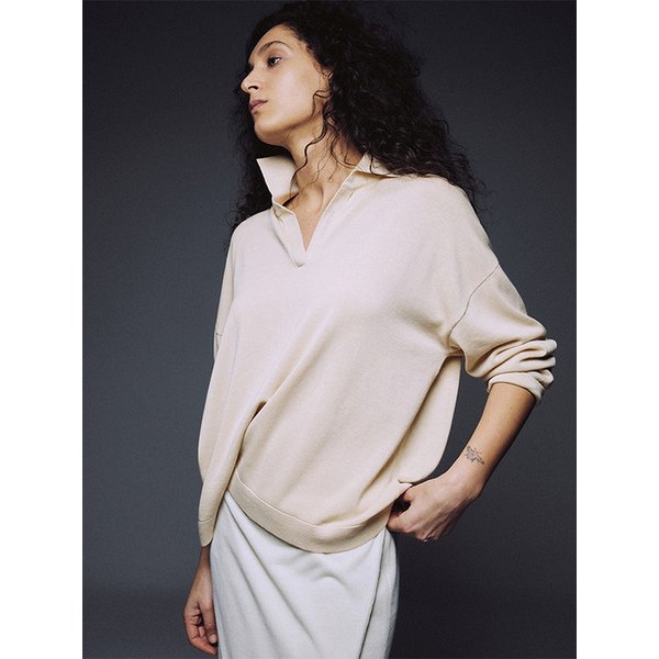 Cotton Silk Open Collared Pullover_Beige