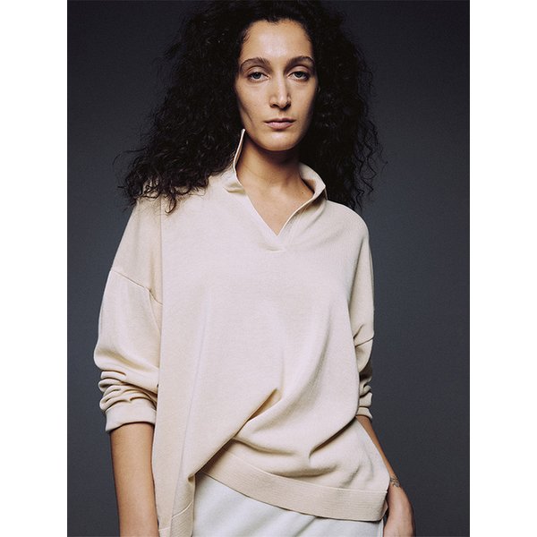 Cotton Silk Open Collared Pullover_Beige