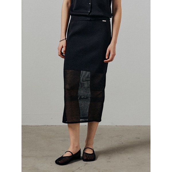 린넨 시스루 미디 스커트_BLACK