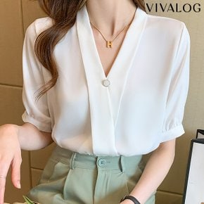 브로치 랩 V넥 쉬폰 블라우스_P337143795