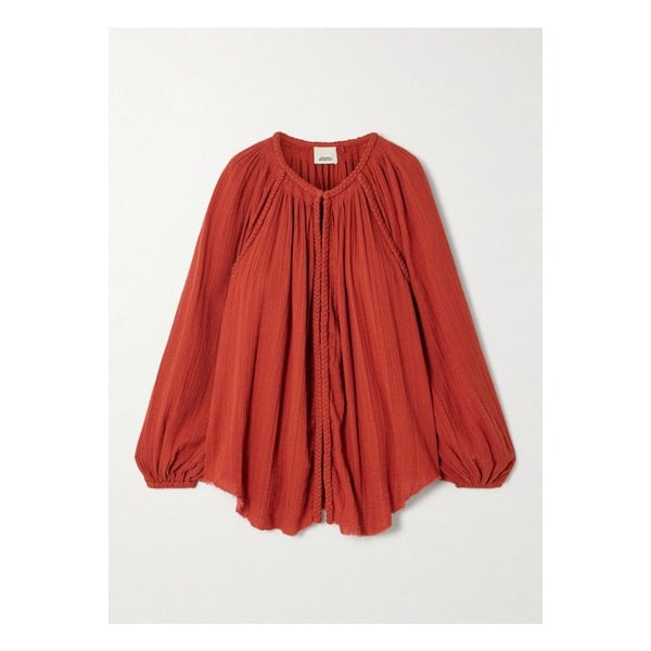 제나 프레이 브레이드 개더 코튼 거즈 블라우스 레드 1647597357878904