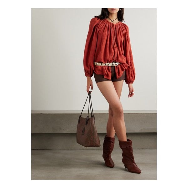 제나 프레이 브레이드 개더 코튼 거즈 블라우스 레드 1647597357878904