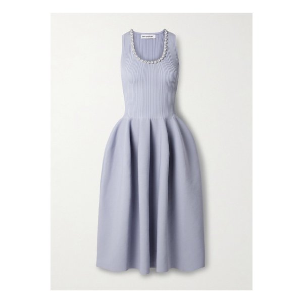 크리스털 장식 골지 스트레치 니트 미디 드레스 블루 1647597358034310