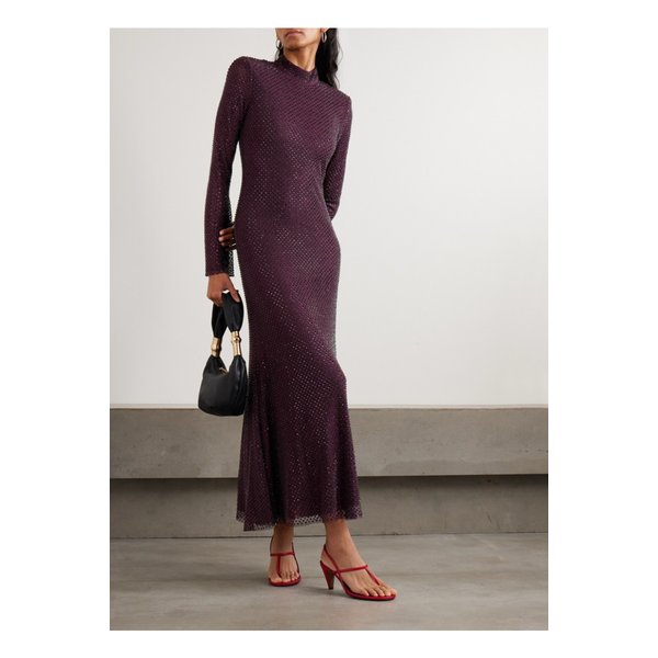 크리스털 장식 피시네트 터틀넥 미디 드레스 버건디 46376663162915008