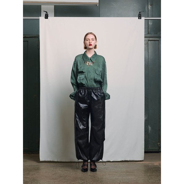 BLACK FAUX LEATHER DRAWSTRING JOGGER PANTS