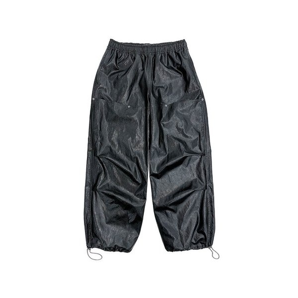 BLACK FAUX LEATHER DRAWSTRING JOGGER PANTS