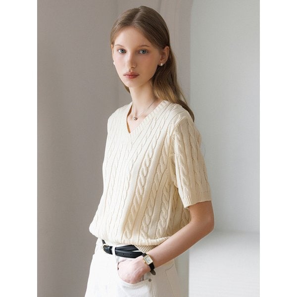 클래식 V넥 케이블 반팔 니트_3color
