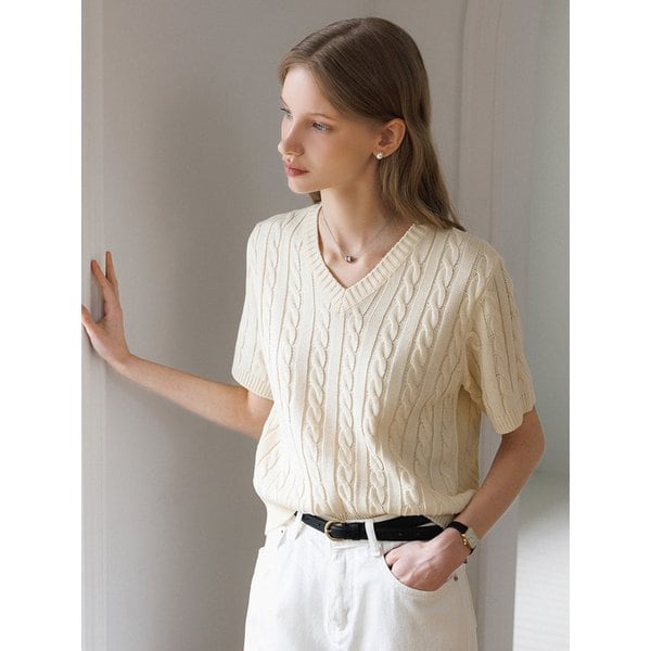 클래식 V넥 케이블 반팔 니트_3color